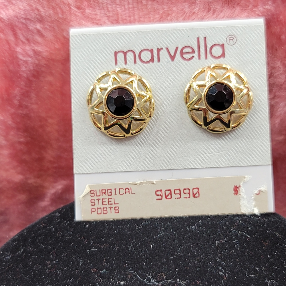 Marvella Pierced Earrings  Goldtone and Black Geometric - Vintage